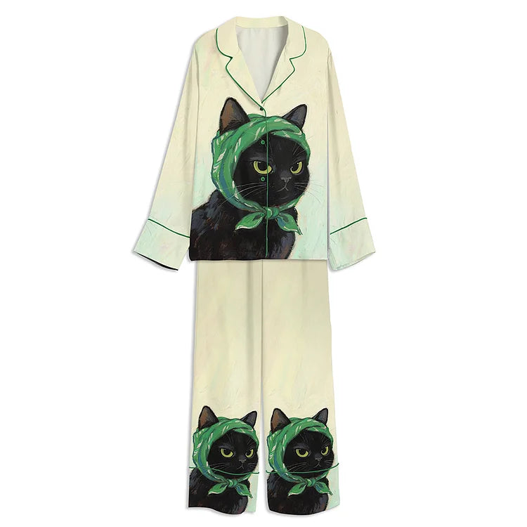 真顔猫サテンパジャマセット