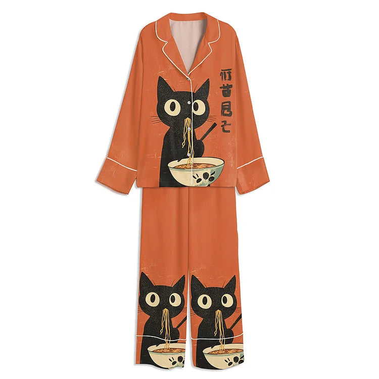 黒猫ラーメンボウルサテンパジャマセット