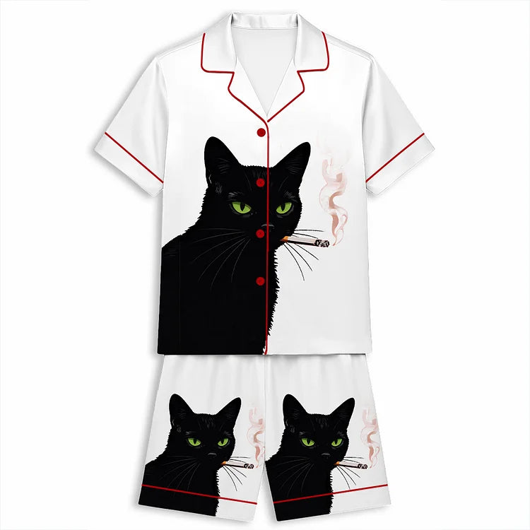 ヴィンテージ黒猫スモーキングアート 半袖ショートパンツパジャマセット