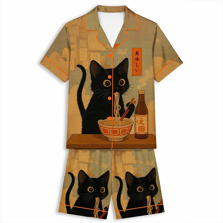 麺泥棒アニメ猫 半袖ショートパンツパジャマセット