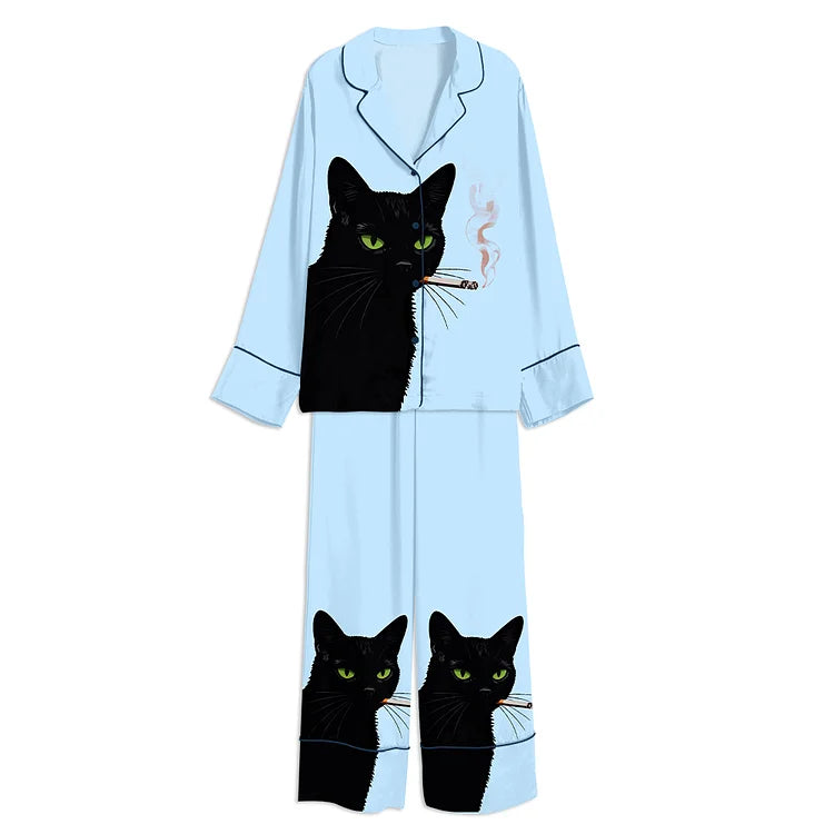 ヴィンテージ黒猫スモークサテンパジャマセット