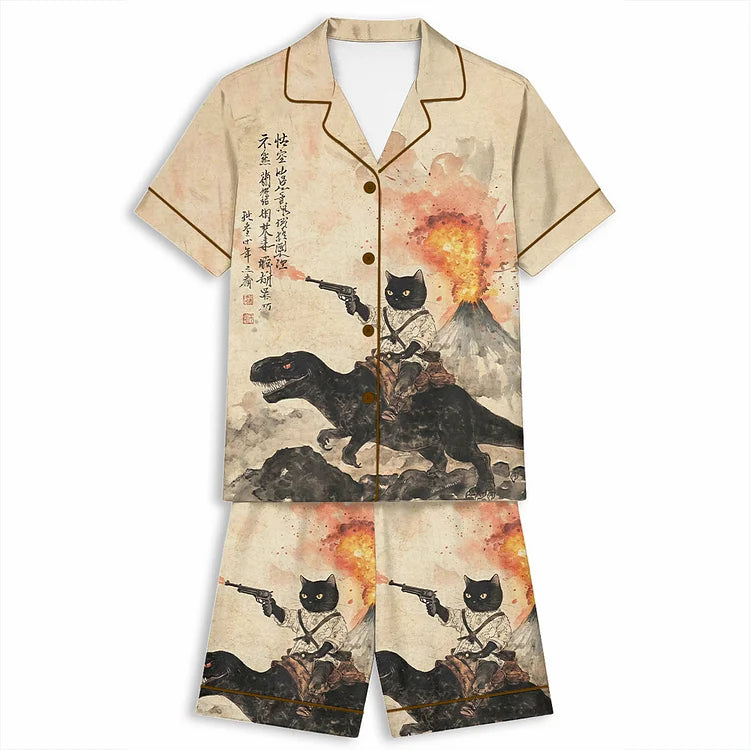 書道風猫恐竜火山 半袖ショートパンツパジャマセット