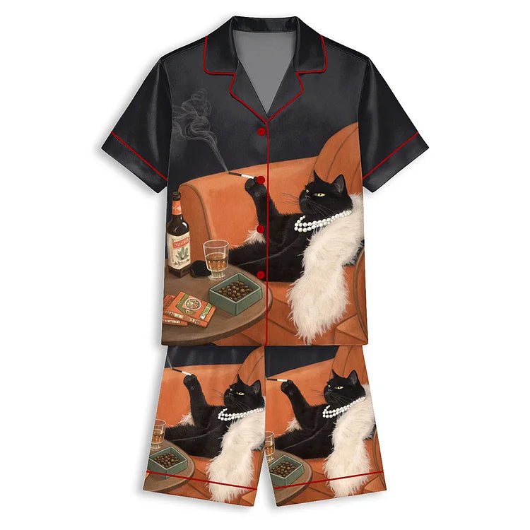黒猫パールネックレス 半袖ショートパンツパジャマセット