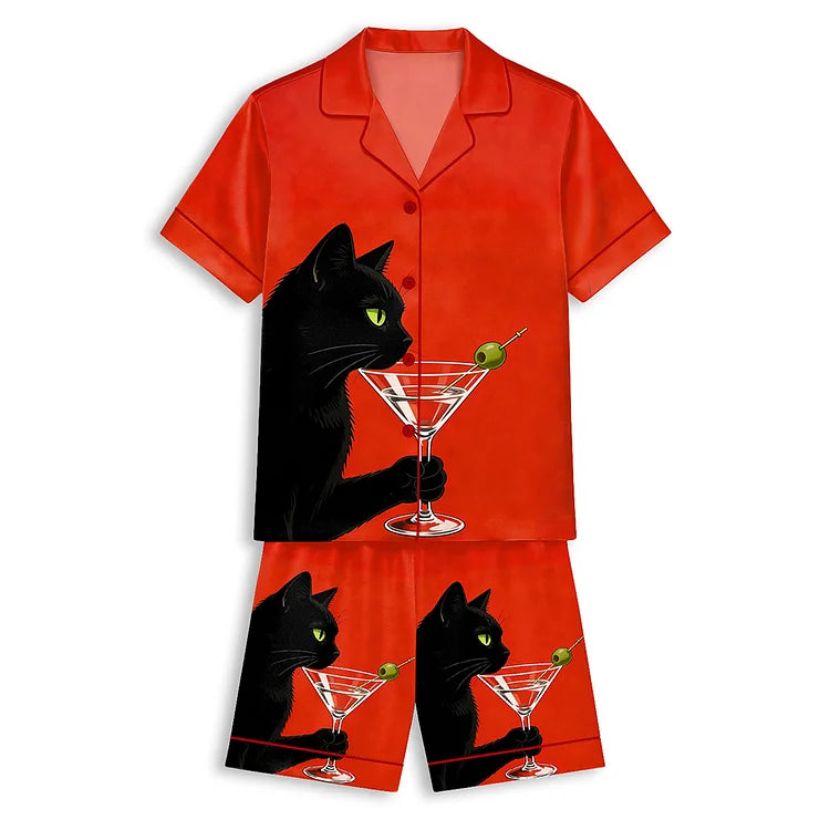 ヴィンテージ黒猫マティーニ 半袖ショートパンツパジャマセット