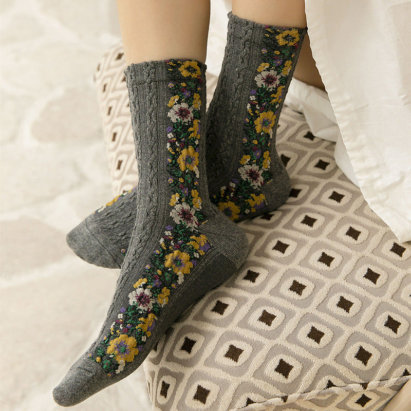 女性用、秋冬、厚手、刺繍花柄、暖かい、中くらいの長さ、コットンソックス