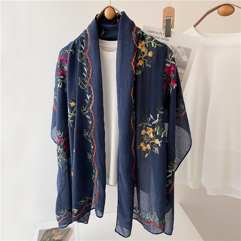 刺繍された花のコットンとリネンのスカーフ 日差しから守るスカーフ