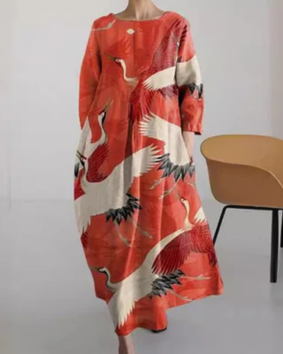 赤い鳥柄のワイドドレス