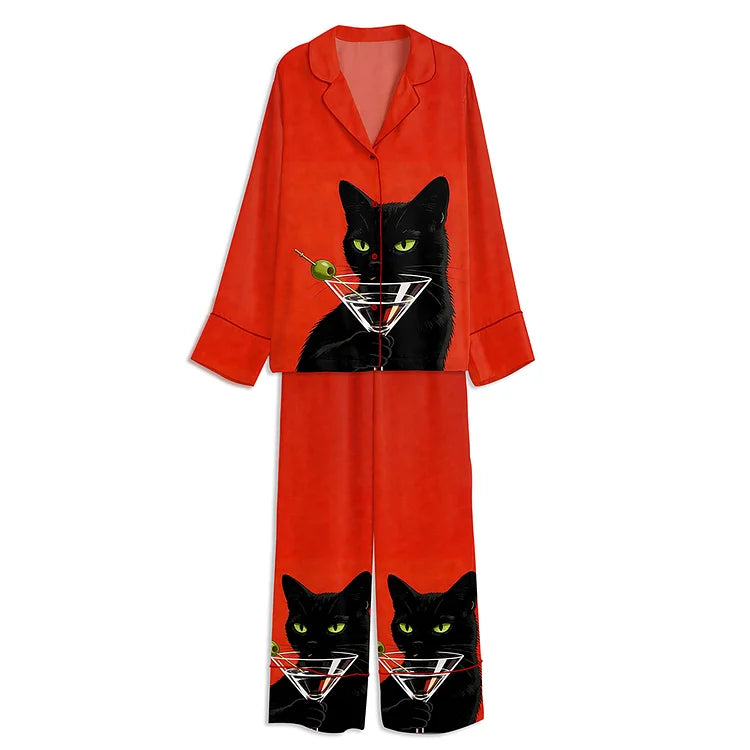 ヴィンテージ黒猫マティーニサテンパジャマセット
