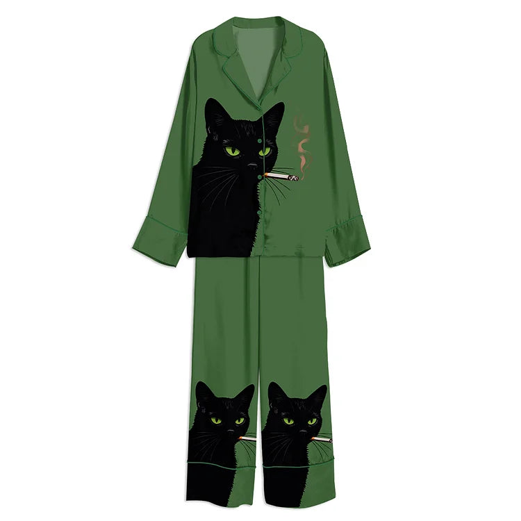 ヴィンテージ黒猫スモークサテンパジャマセット