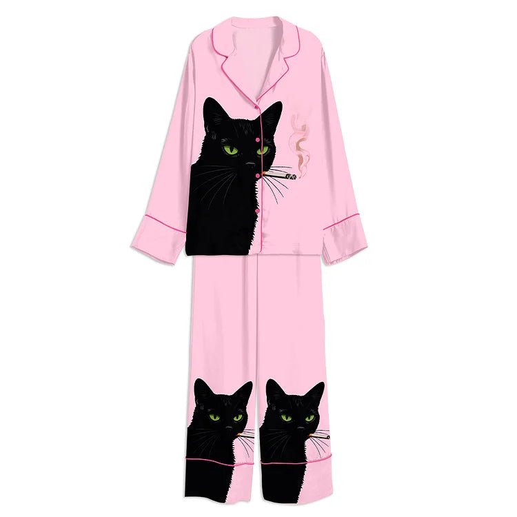 ヴィンテージ黒猫スモークサテンパジャマセット