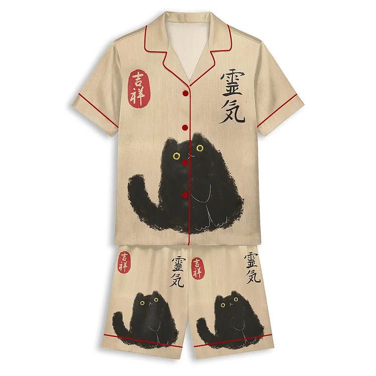 ヴィンテージ日本黒猫 半袖ショートパンツパジャマセット