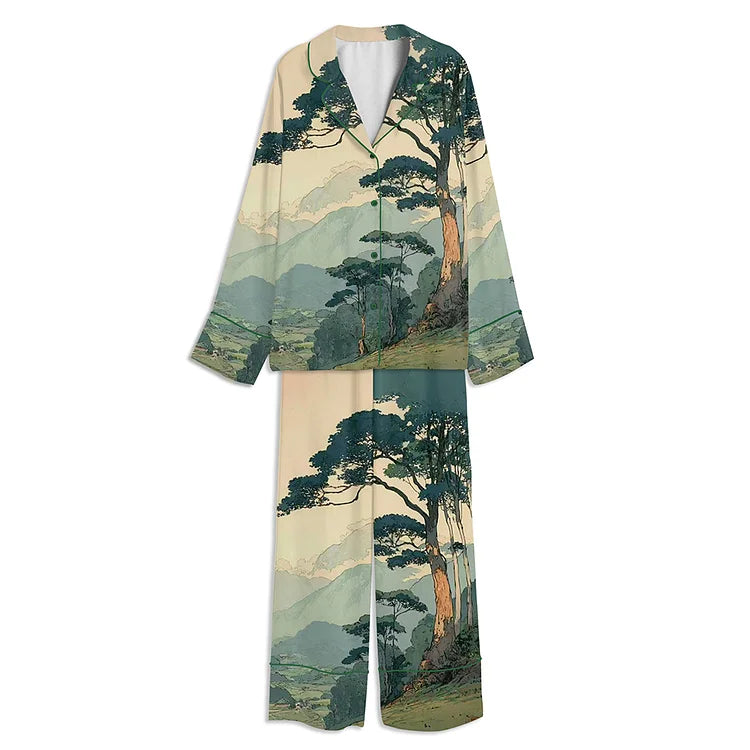 日本の森と山風景サテンパジャマセット