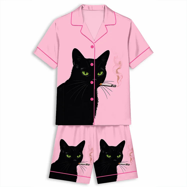 ヴィンテージ黒猫スモーキングアート 半袖ショートパンツパジャマセット