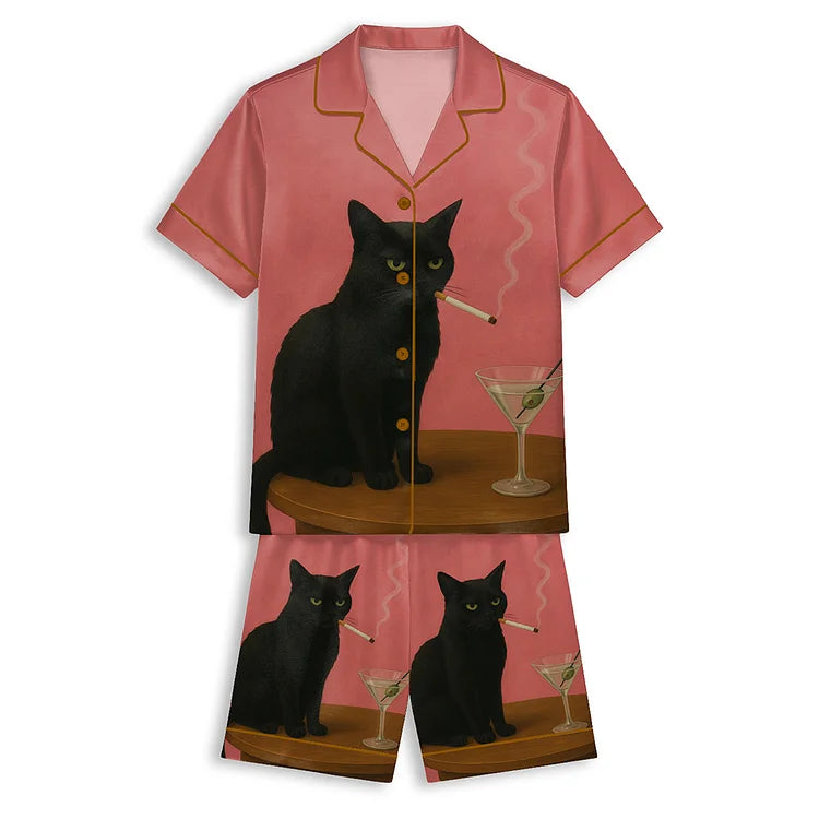 ムーディー黒猫マティーニ 半袖ショートパンツパジャマセット