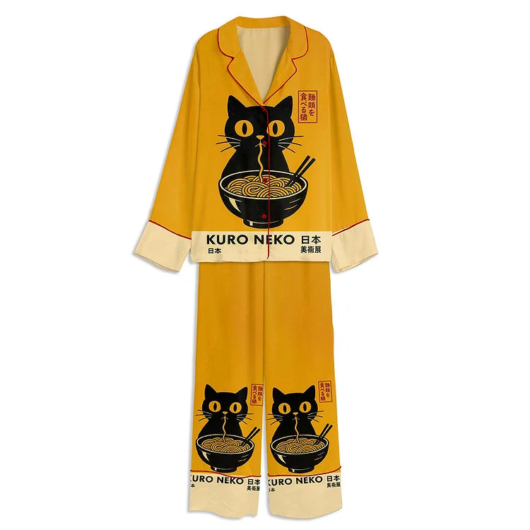 黒猫ラーメンアニメサテンパジャマセット