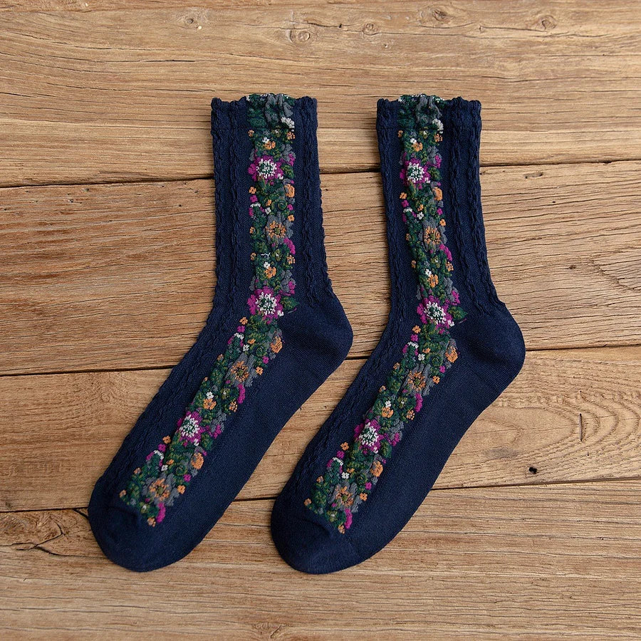 女性用、秋冬、厚手、刺繍花柄、暖かい、中くらいの長さ、コットンソックス