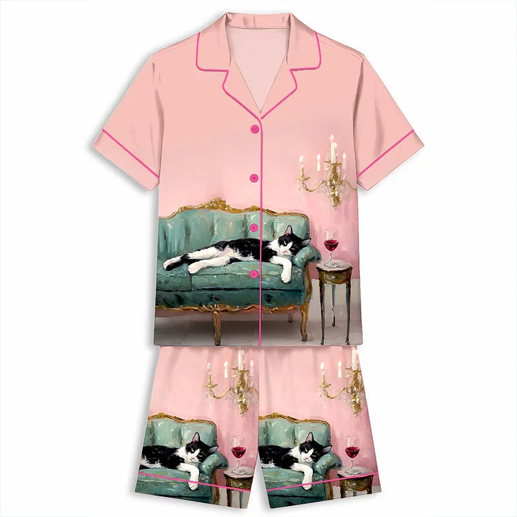 赤ワイン猫 半袖ショートパンツパジャマセット