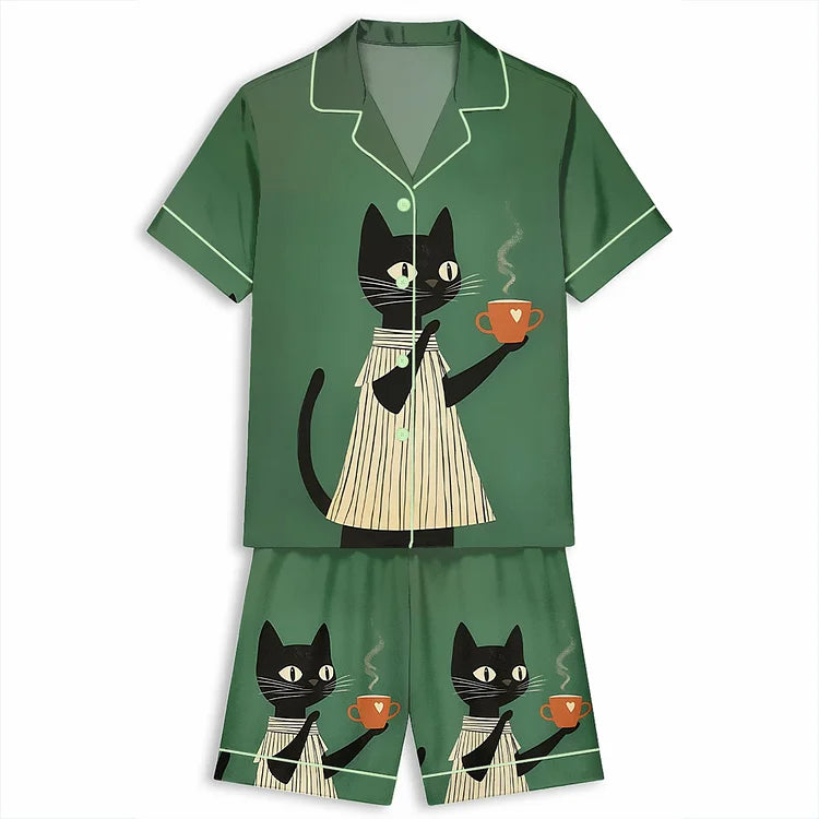 コーヒー好き猫柄 半袖ショートパンツパジャマセット