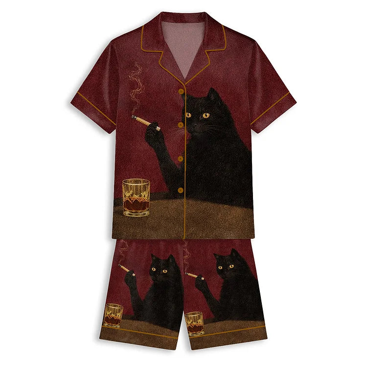 クール黒猫ウイスキー 半袖ショートパンツパジャマセット