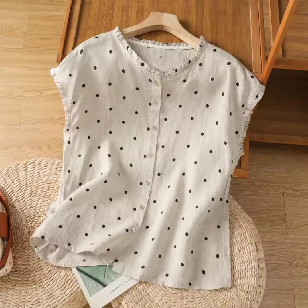ノースリーブ ラウンドネック ドット柄シャツ