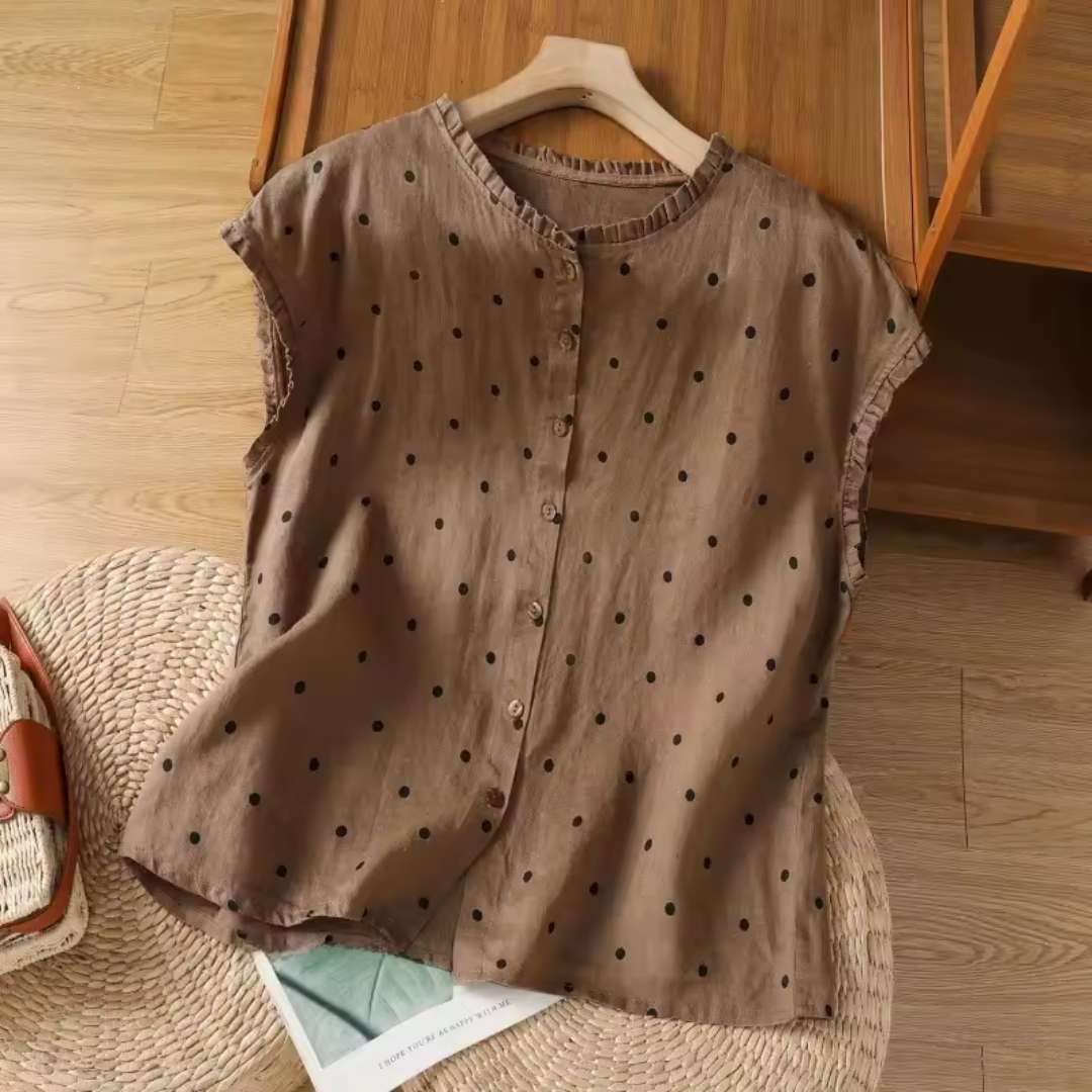 ノースリーブ ラウンドネック ドット柄シャツ