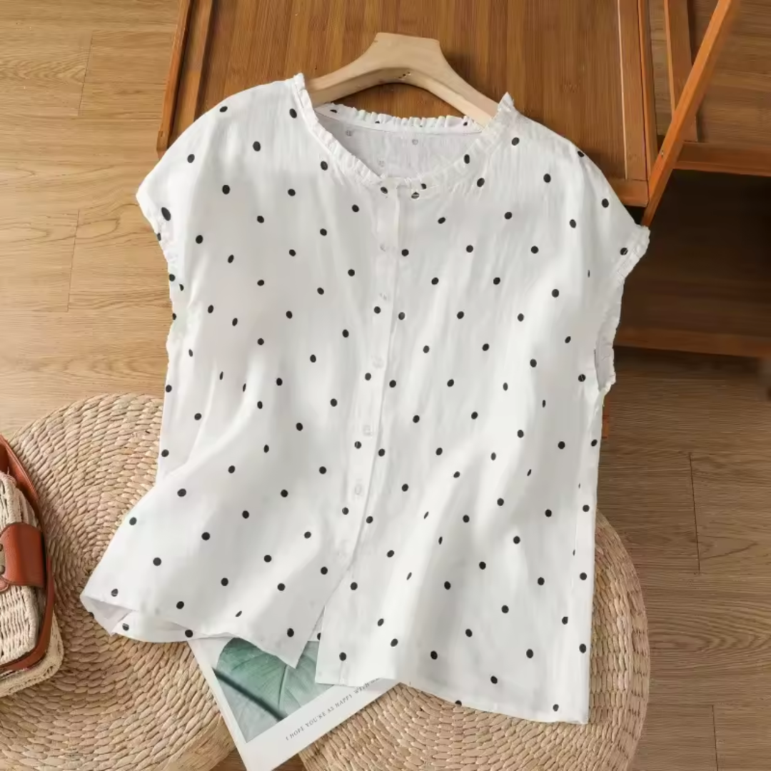 ノースリーブ ラウンドネック ドット柄シャツ