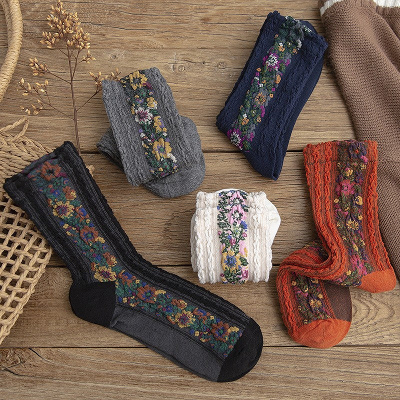 女性用、秋冬、厚手、刺繍花柄、暖かい、中くらいの長さ、コットンソックス