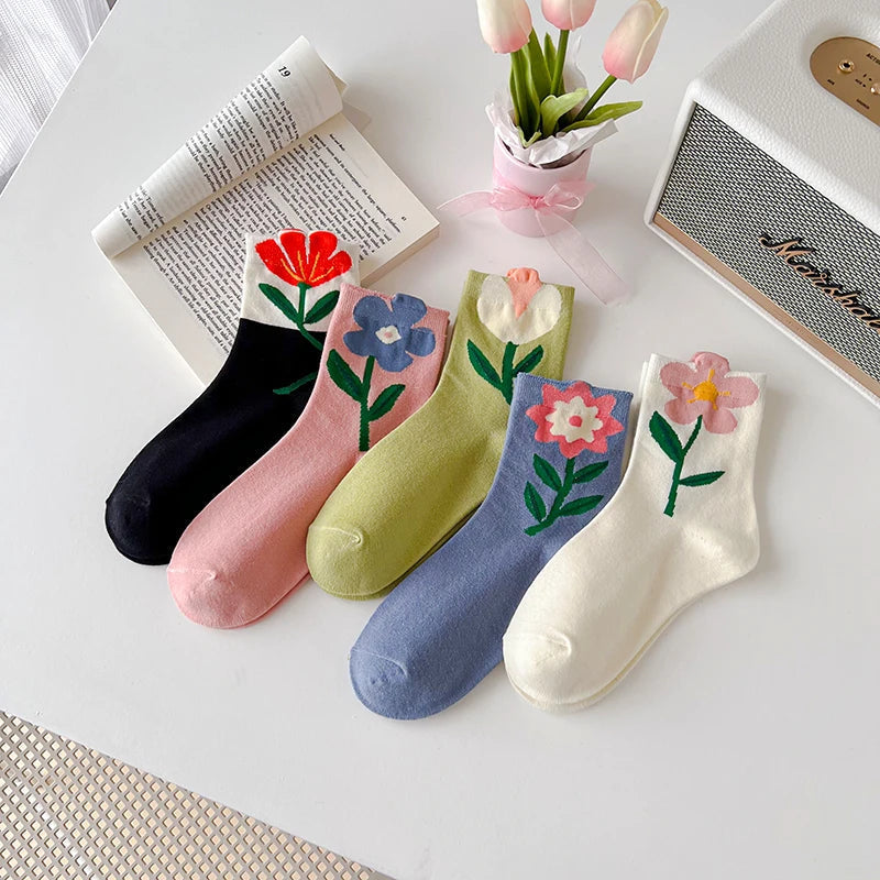 女性用、秋冬用、厚手、暖かい、綿製のミディアム丈のレトロプリントソックス