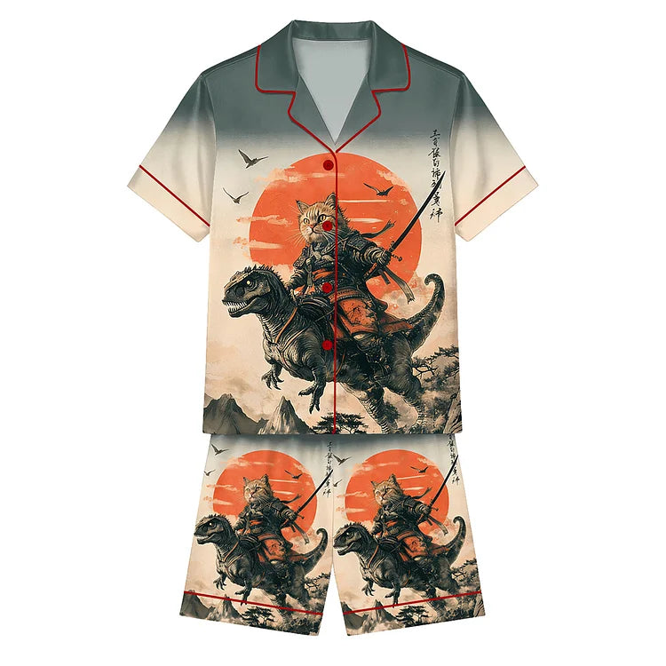 恐竜に乗る侍猫 半袖ショートパンツパジャマセット