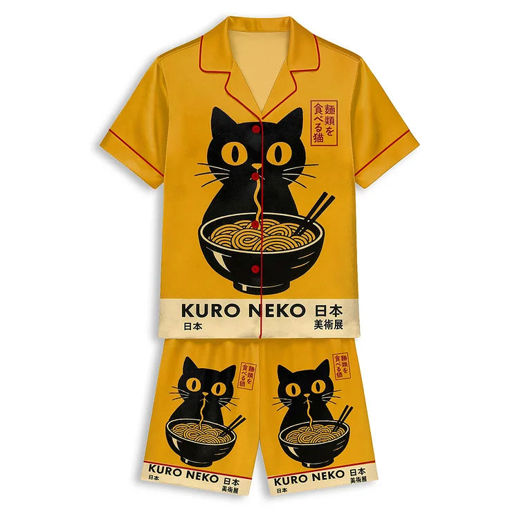 黒猫ラーメンアニメ 半袖ショートパンツパジャマセット