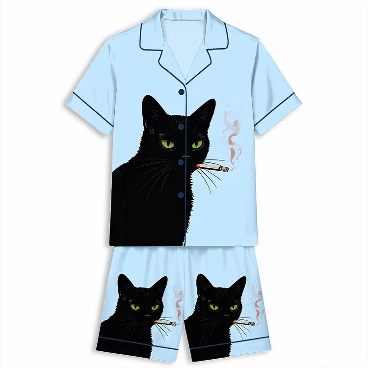 ヴィンテージ黒猫スモーキングアート 半袖ショートパンツパジャマセット