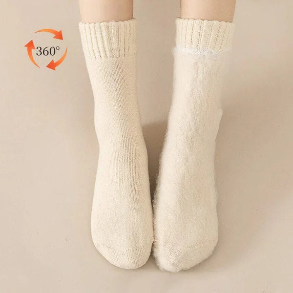 女性用、秋冬、太め、暖かい、中程度の長さのコットンソックス（単色）